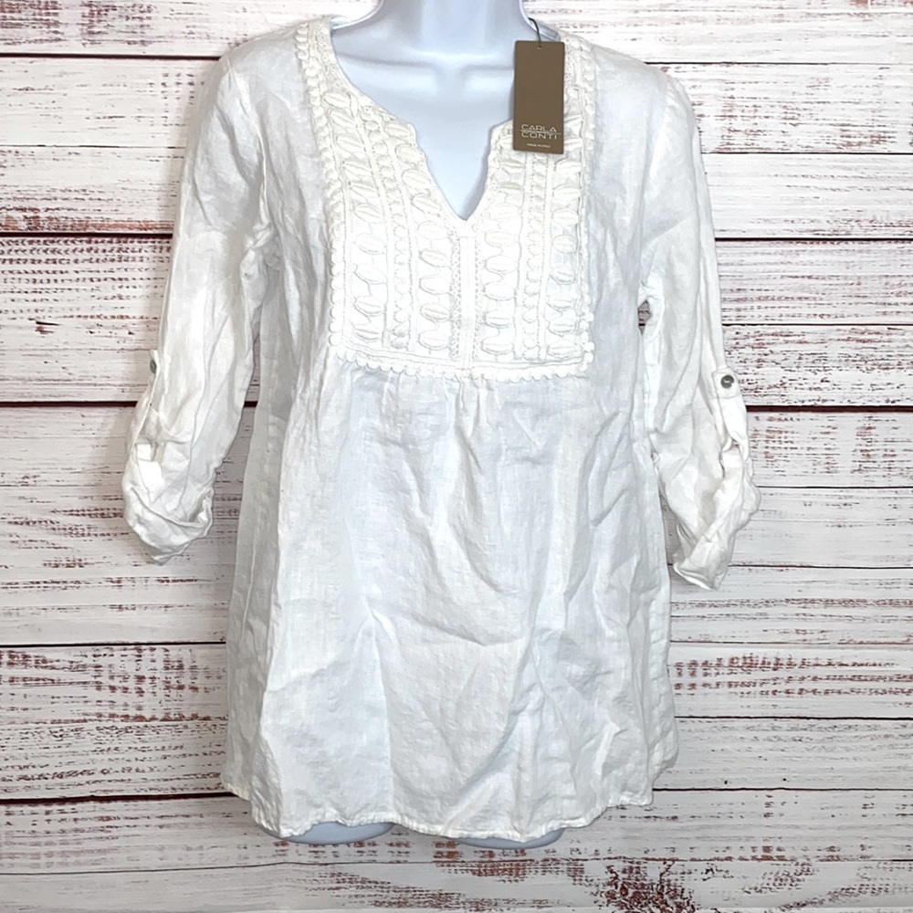 NWT White Linen Lace Boho Blouse Top By Carla Conti.